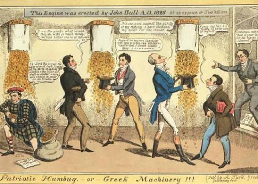 Γελοιογραφική απεικόνιση της κερδοσκοπίας των Άγγλων τραπεζιτών έναντι των Ελλήνων.