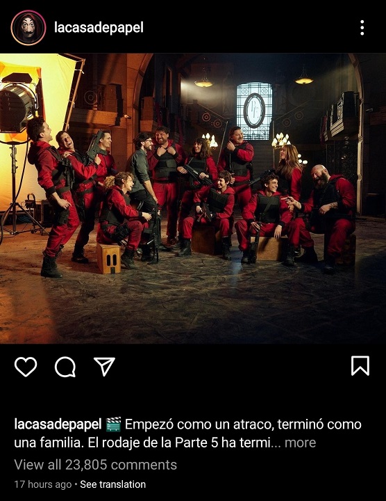 la casa de papel, η τελευταία φωτογραφία της ομάδας ηθοποιών στο ίνσταγκραμ